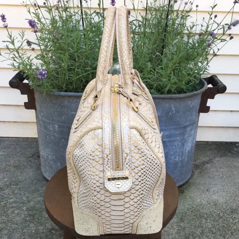 Alice + Olivia Cream and Gold Snake-Embossed Satchel